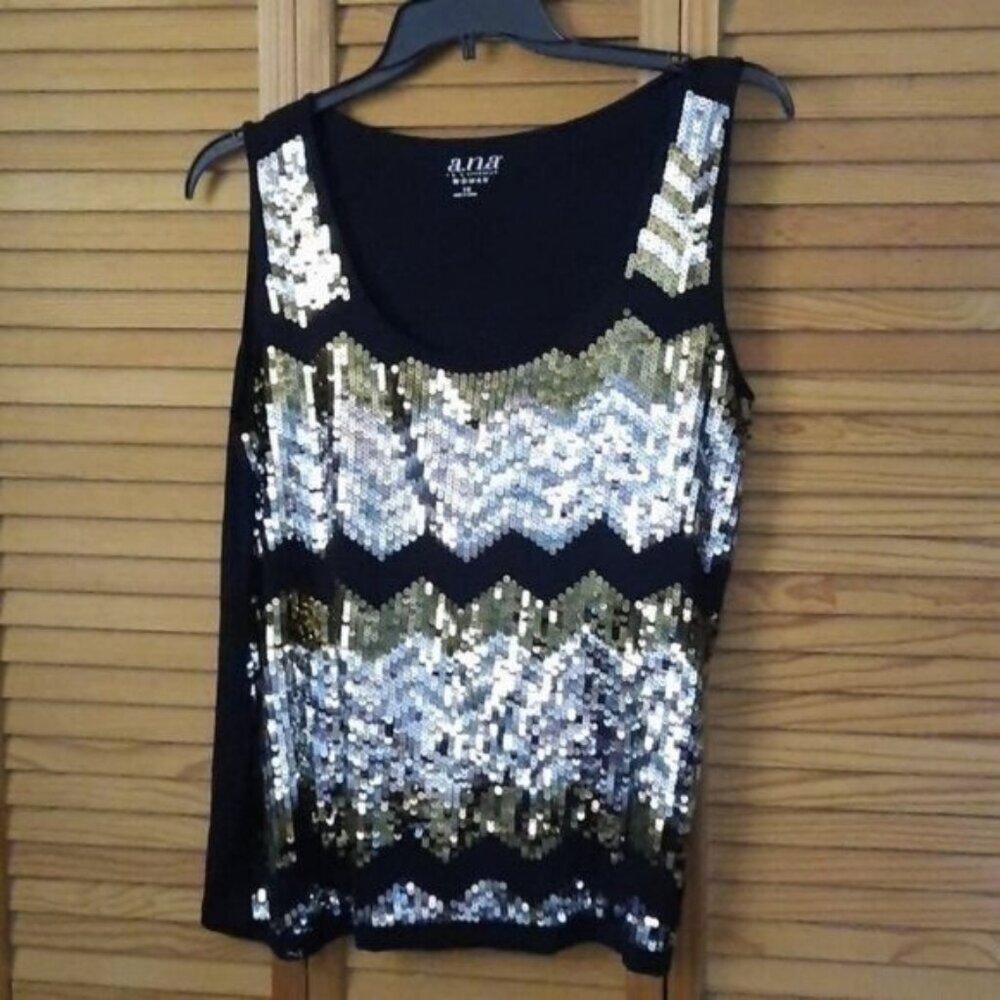 A.N.A Chevron Black Gold Silver Sequin Chevron Print Tank Top Size 1X